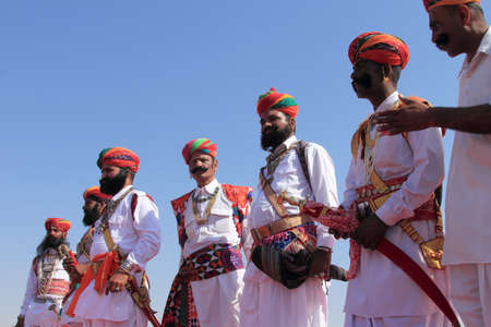 JAISALMER, INDIA - FEB 01,2015-Traditional Rajasthani men participate in the Mr. Mushtache contest conducted as part of Desert Festival held  in Jaisalmer, Rajasthan, India.のeditorial素材