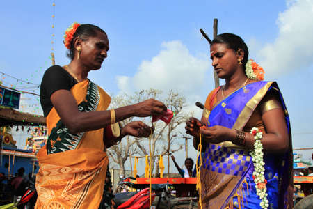 KOOVAGAM, INDIA - MAY 05,2015- Unidentified transgenders who have participated in the marriage ritual during festival of transgenders held at Koothandavar temple in Koovagam,Tamil Nadu.のeditorial素材