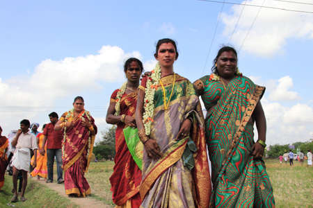 KOOVAGAM, INDIA - MAY 05,2015- Unidentified transgenders who have participated in the marriage ritual during festival of transgenders held at Koothandavar temple in Koovagam,Tamil Nadu.のeditorial素材