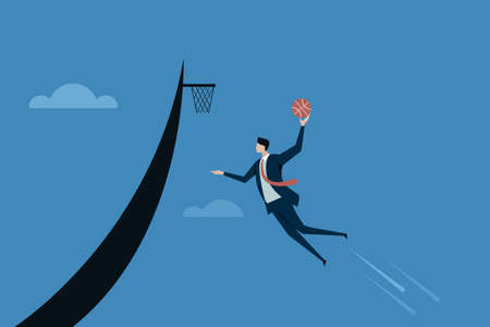 Business executive jumps high with a basketball to score points. Concept for achieving goals
