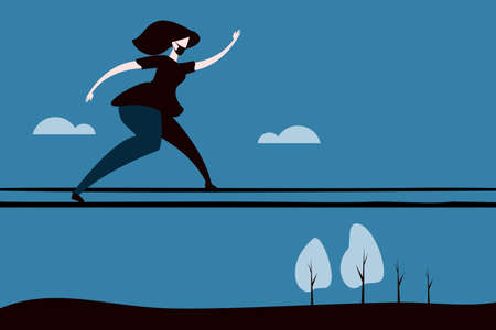 Conceptual image of a woman wearing mask dangerously walks through the wire high in the ai