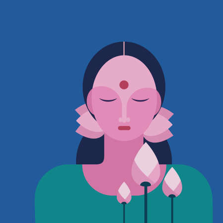 Illustration of portrait of a traditional girl with lotus flowersのイラスト素材
