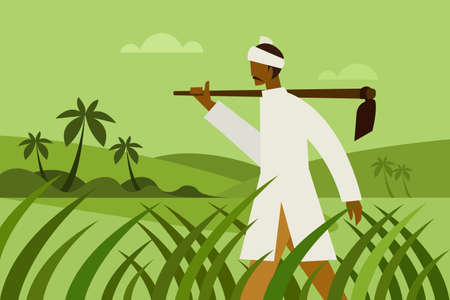 A farmer holding a spade walks through a farmのイラスト素材