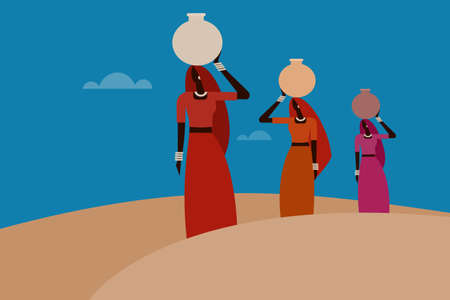 Women carrying water pots on their heads walk through the desertのイラスト素材