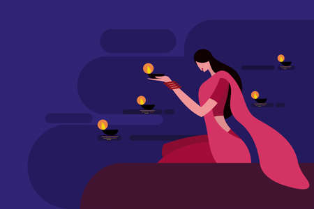 A woman floating Diwali festival lamps in the waterのイラスト素材