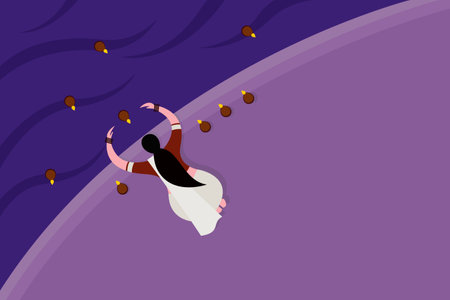 A woman floating Diwali festival lamps in the river waterのイラスト素材