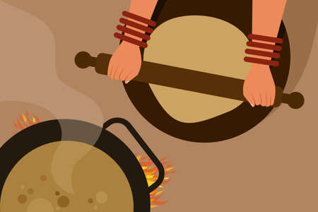 Illustration of hands rolling'Roti' from wheat dough and cooking it on fireのイラスト素材