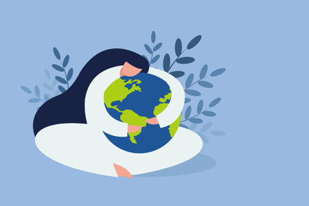 Conceptual illustration of a girl embracing the planet Earth with loveのイラスト素材