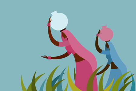 Indian village women walking with water pots on their headsのイラスト素材