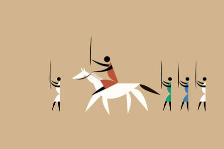 Tribal style illustration of chief riding a horse and soldiers accompanying himのイラスト素材