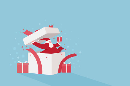 Santa Claus breaking out from a gift box. Festive background with copy spaceのイラスト素材