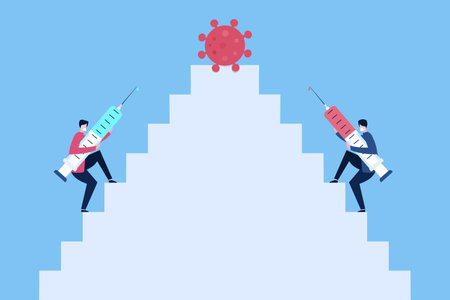 Conceptual illustration of two experts carrying a big syringe with Covid-19 vaccine going up step by step to succeed in vaccinationのイラスト素材