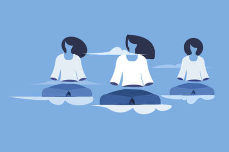 Conceptual illustration of three girls doing meditation as they floats on the clouds and feels no...