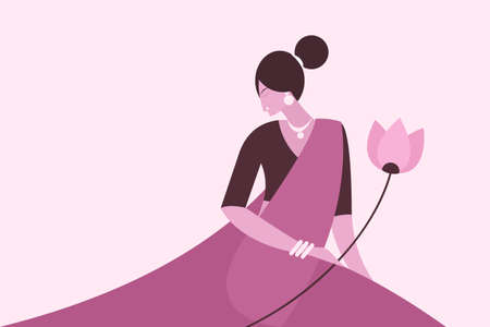 Illustration of a woman wearing traditional Indian dress holding lotus flowersのイラスト素材