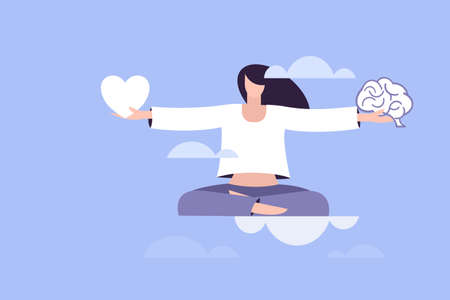 Conceptual illustration of a girl in a meditative pose floating in the clouds and balancing heart and brain in her handsのイラスト素材