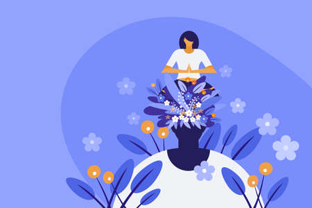 Conceptual illustration of a woman sitting on her own head and doing meditation. Concepts for mindful meditationのイラスト素材