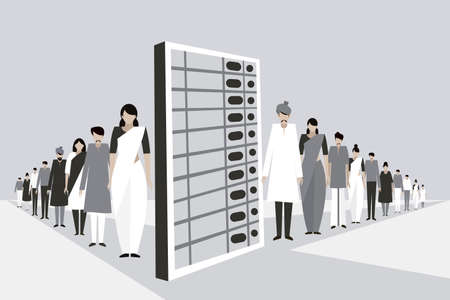 Conceptual illustration of Indian people stand in a long line along side a huge electronic voting...