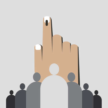 A group of people standing in front of a huge hand with electoral stainのイラスト素材