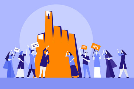 Conceptual illustration of political parties campaigning for vote in front of a huge hand with electoral stainのイラスト素材