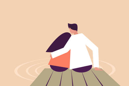 Illustration of a romancing couple sitting by the side of a riverのイラスト素材