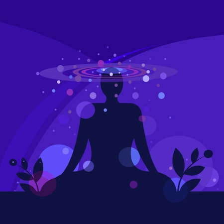 Silhouette of a meditating person surrounded by energy fieldsのイラスト素材