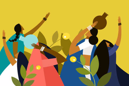 Illustration of Indian rural women holding water pots in their headsのイラスト素材