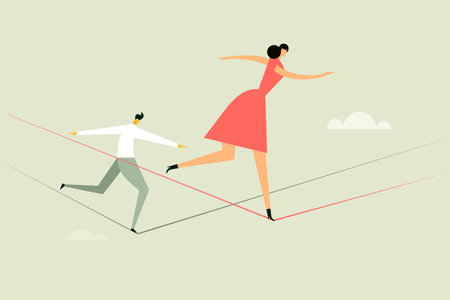 Ilustración de A woman and a man walking on a tight rope. Concept for moving ahead with risks and challenges - Imagen libre de derechos