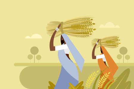 Illustration of women walking with harvested wheat in the agricultural fieldのイラスト素材