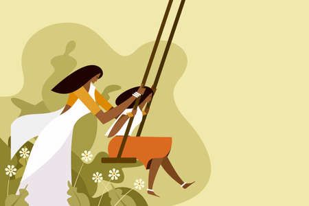 Women wearing traditional dress  swinging in outdoor. Concept for Onam festivalのイラスト素材