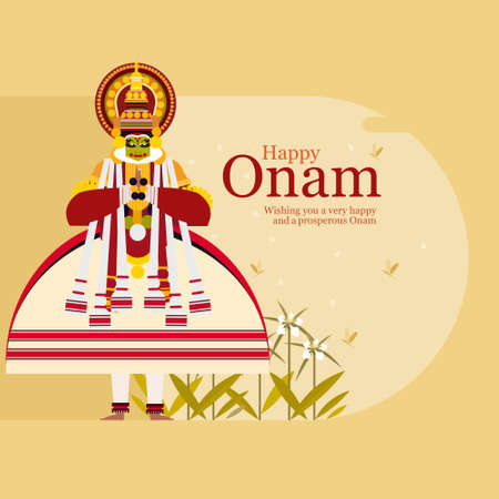 Onam festival background with a Kathakali artist. Onam is a harvest festival in Kerala, Indiaのイラスト素材