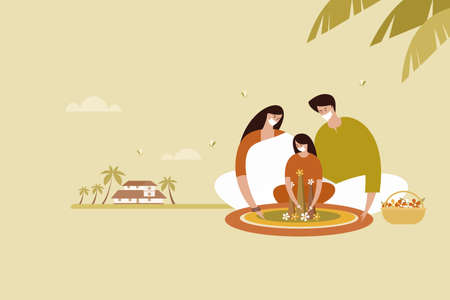 Family wearing protective face masks do floral designs on floor. Concept of Onam festival in Keralaのイラスト素材