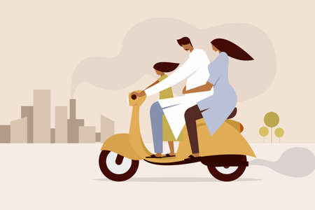 An Indian couple and their daughter travel in a scooterのイラスト素材
