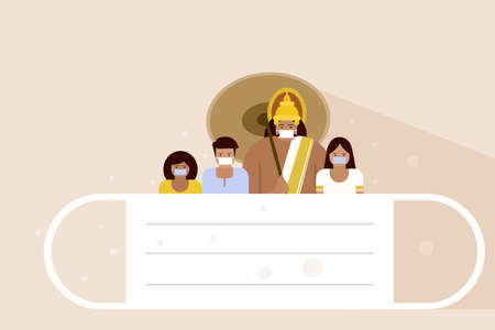 King Mahabali and children standing behind a big protective face mask during Onam festival. Concept for safe Onam festival greetingsのイラスト素材