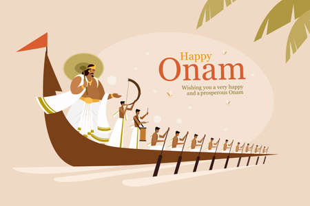 King Mahabali and rowers in a snake boat celebrating Onam . Onam is a harvest festival in Kerala, Indiaのイラスト素材