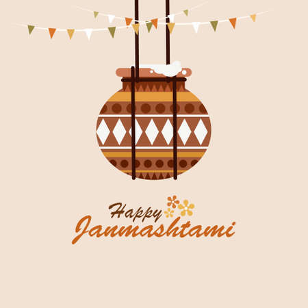 Butter in a decorated clay pot. Indian festival Janmashtami greeting backgroundのイラスト素材