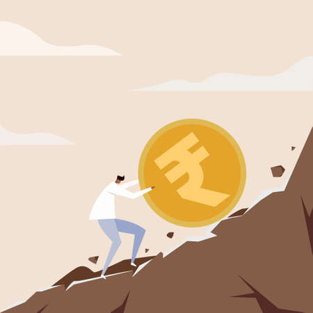 A man trying hard to push the Rupee coin uphillのイラスト素材