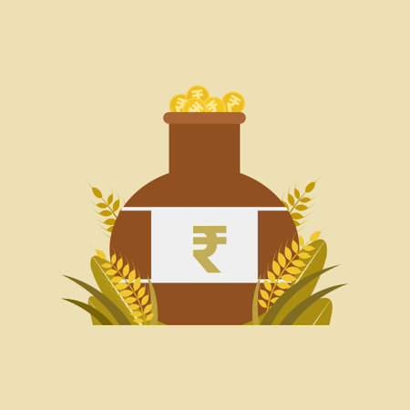 Indian rupee coins in a clay pot surrounded by wheat grains and leavesのイラスト素材