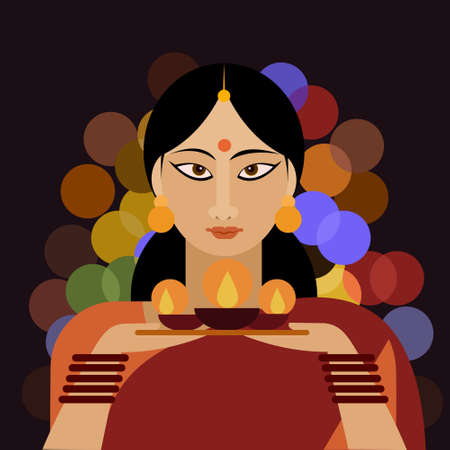 An Indian girl wearing traditional dress holding Diwali oil lamps in her handのイラスト素材