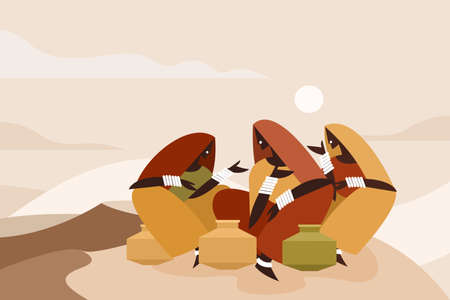 Illustration of Indian women with water pots sitting together and chatting in the desertのイラスト素材