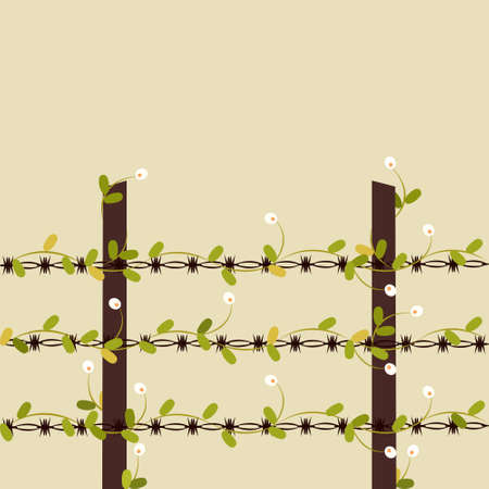 Blooming flowers on a barb-wire fenceのイラスト素材