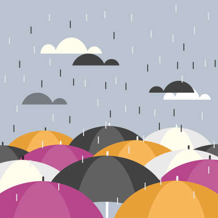 Raindrops falling on the top of umbrellas of many coloursのイラスト素材