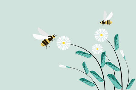 Illustration of honeybees flying around flowersのイラスト素材