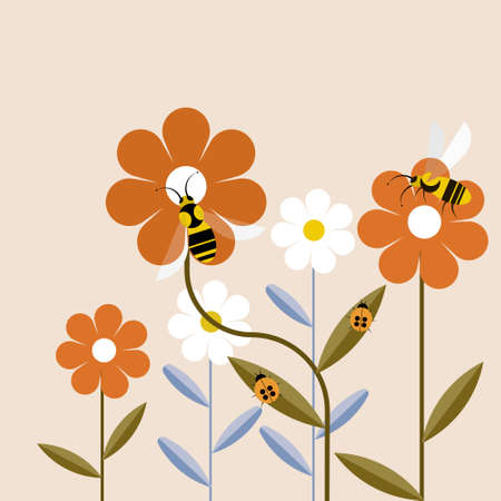 Illustration of honeybees and bugs sitting on flowersのイラスト素材