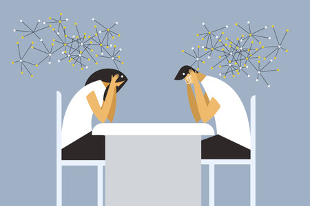 Illustration of a thinking man and a woman with network of thought connections coming out from their brainのイラスト素材