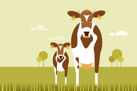 Illustration of a cow and a calf standing on a grassy fieldのイラスト素材