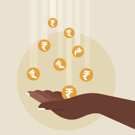 A hand receiving falling Indian currency coinsのイラスト素材