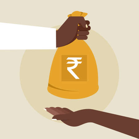 A hand holding a money bag and other hand receiving itのイラスト素材