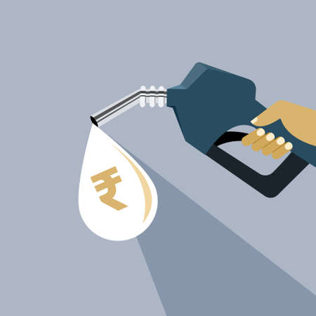 Illustration of a drop of fuel with rupee symbol in it coming out from a nozzle