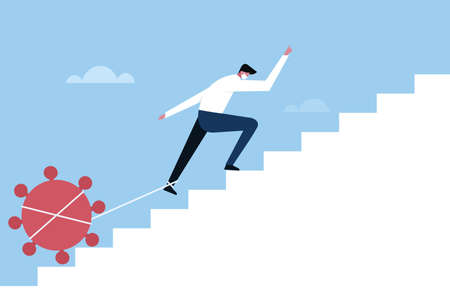 Illustration of a man climbing up the steps with covid-19 virus tied to his leg. Concept for post Covid challengeのイラスト素材