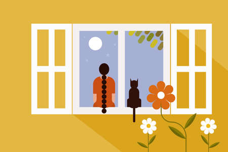Illustration of a little girl and her cat sitting on the window and looking outのイラスト素材